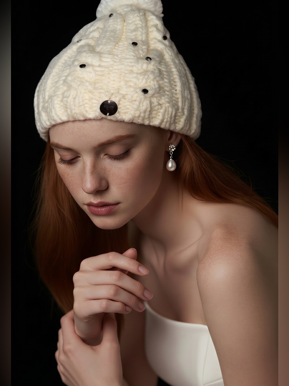 Roxy Sundancing Beanie Ivory White Pom Pom Knit Winter Hat Fleece Lined